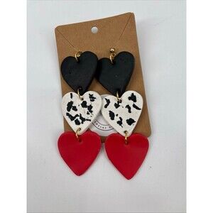 Handmade heart Valentine's Day dangle drop earrings polymer clay red black white